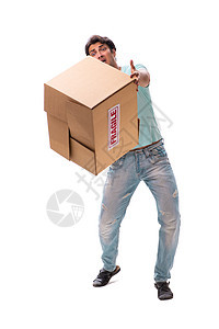 英俊的年轻男子 手持从因特网订购的脆弱盒子销售邮政警告人士导游开箱商务恐慌货物命令图片