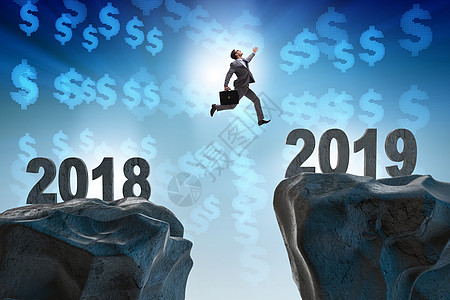 2018年至2019年的过渡概念男性飞跃成就金融日历员工竞赛悬崖商务时间图片