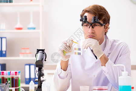 实验室的化学家用ph条检查仪表怀孕碱性玻璃化学品化学家石蕊科学家思维测试图片