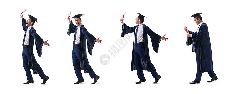 年轻男人对毕业后孤立在白人身上感到快乐的年轻人砂浆帽子微笑学生剪辑证书庆典文凭地幔教育图片