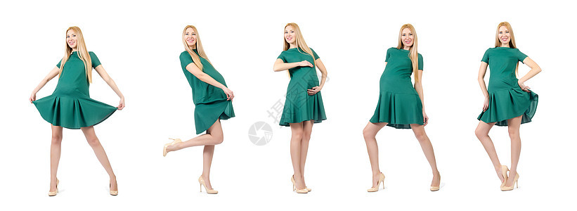 身着绿色衣服的美丽孕妇 在白色上被孤立怀孕收藏女士金发女郎孩子妈咪肚子婴儿裙子舞会图片