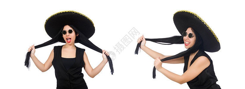 墨西哥女人在白色的滑稽概念中拉丁快乐帽子姿势微笑衣服刮刀边帽女孩乐队图片