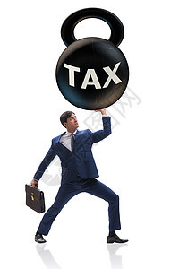纳税负担商业概念的税收支付负担人士预算经济挫折退款现金重量商务男人举重图片