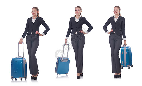 身着西装 准备暑假的妇女女性乘客女士姿势手提箱游客运输微笑剪辑商业图片