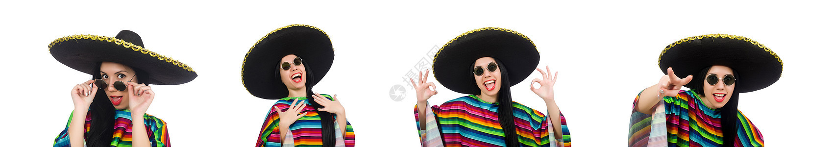 墨西哥女人在白色的滑稽概念中女士国家太阳镜收藏牛仔乐队女性刮刀彩虹帽子图片