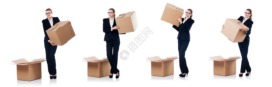 带白纸箱的女商务人士盒子仓库纸盒剪辑工人工作送货人士商业货物图片