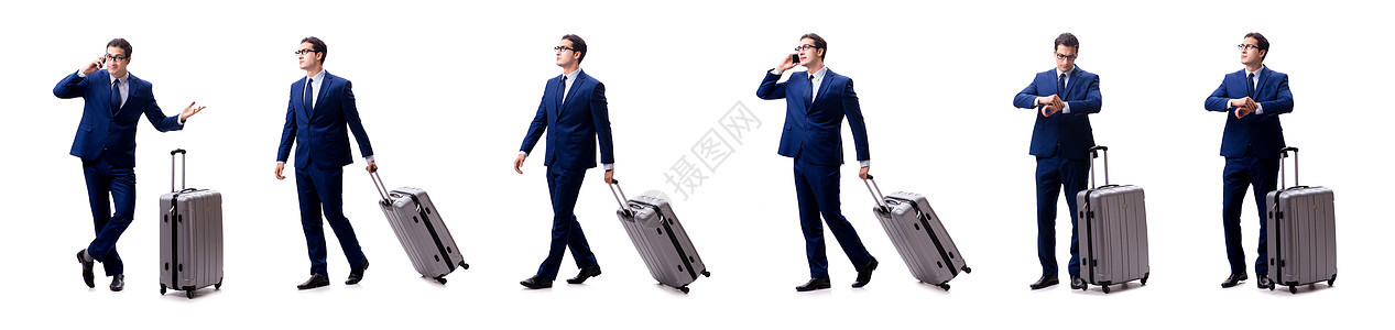 年轻商务人士 手提箱被白色背景隔离在白皮箱上手机剪辑商业旅游游客人士旅行电话姿势乘客图片
