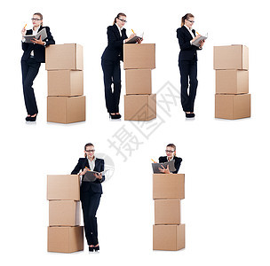 带白纸箱的女商务人士写作女士送货盒子仓库笔记劳动人士商业姿势图片
