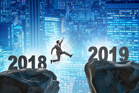 2018年至2019年的过渡概念成就工人假期金融数字人士商务日历飞跃悬崖图片