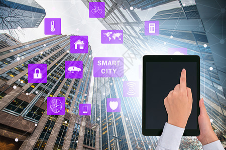 创新概念中的智能城市建筑按钮网格技术商业自动化互联网上网基础设施电脑图片