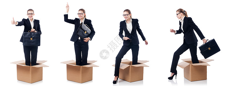 女性在思想中思考出箱式概念办公室商业建设者工作拇指剪辑船运送货女士纸盒图片