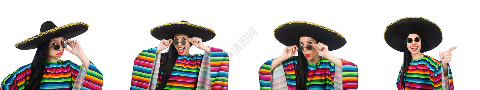 雨披墨西哥女人在白色的滑稽概念中刮刀女孩衣服姿势收藏文化拉丁彩虹边帽乐队背景