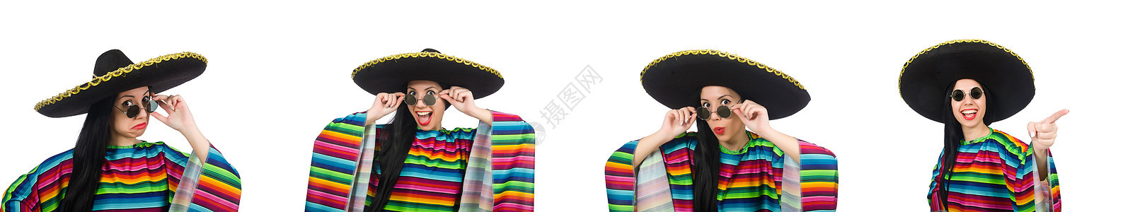 墨西哥女人在白色的滑稽概念中刮刀女孩衣服姿势收藏文化拉丁彩虹边帽乐队图片