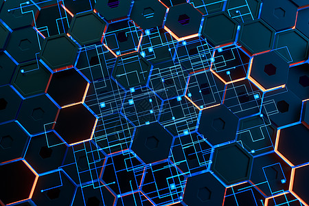 球形六角立方体背景 高科技网络空间 3D投影电路母板力量蓝色渲染科学六边形互联网技术木板图片