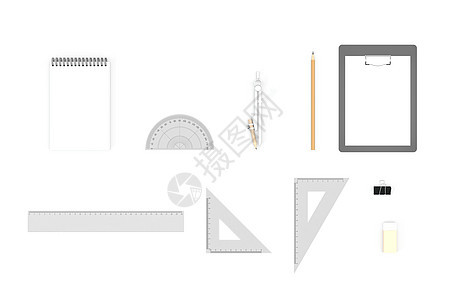 各种白色背景的文具 3D铸造铅笔教育统治者绘画渲染工具笔记本工作配件桌子图片