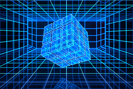 有几何立方体的网络空间隧道 3D翻接科学逆波辉光盒子技术激光水晶线条玻璃蓝色图片