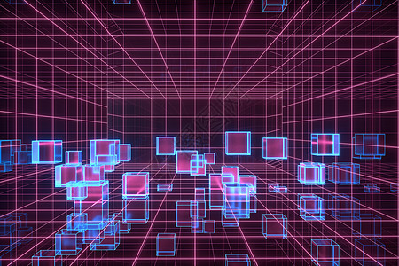 有几何立方体的网络空间隧道 3D翻接正方形线条科幻合成水晶玻璃逆波蓝色紫色科学背景图片