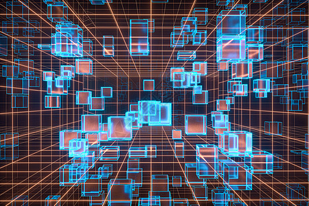 有几何立方体的网络空间隧道 3D翻接技术数据辉光玻璃逆波激光渲染射线线条盒子图片