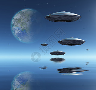 地球安静水世界中的航天器地平线外星人飞船场景反射宇宙技术天空地球化殖民地背景