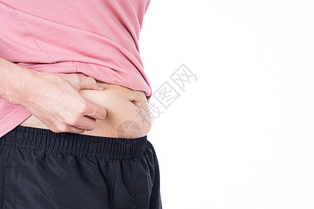 胖男人拿着过多的脂肪腹部 超重的脂肪腹部在白色背景下被隔离 饮食生活方式 减肥 胃肌 健康理念身体组织重量检查损失展示数字肥胖肚图片