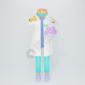 戴着医用口罩的医学科学家拿着装有液体药物或病毒疫苗的玻璃试管 3D 渲染图 体积图像男人卡通片生物烧瓶科学药店蓝色诊所医生技术图片