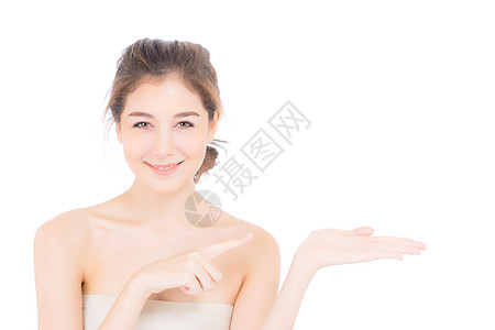 亚洲美丽的年轻亚洲女性 展示健康干净的皮肤前科推介会女孩身体手势魅力护理白色化妆品女士图片
