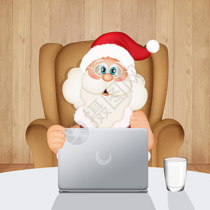 圣诞老人在电脑上编制礼品清单 并使用电脑背景图片
