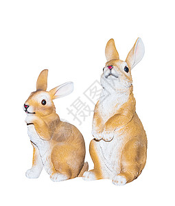 两只兔子玩偶玩具 站在白色的白背景上被隔离宠物雕塑座位傀儡娃娃头发工作室雕像灰色婴儿图片