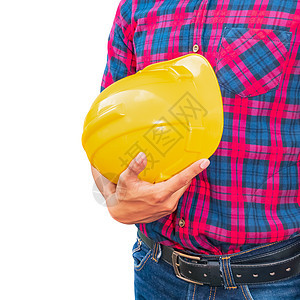工程师持有黄黄色安全头盔塑料建筑构筑概念演员警卫检查员承包商工作剪裁人士男人衬衫构造图片
