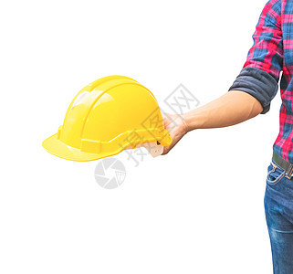 工程师持有黄黄色安全头盔塑料建筑构筑概念工人商业警卫人士身体职业设计师头盔机械男人图片