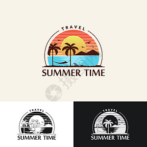 暑假旅行和度假企业病媒标志设计模板 包括海 吊床 椰子树元素季节刻字邮票书法邀请函天堂蓝色阳光海报派对图片
