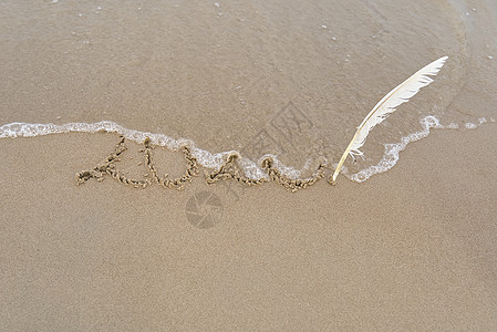 将2020年在沙质波罗的海海滨上的标记冲走 新年的概念图片