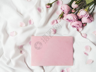 玫瑰和花瓣在压碎的白色白织物上 自然优雅的装饰品植物群静物信封就寝植物粉色笔记折叠时间被单图片