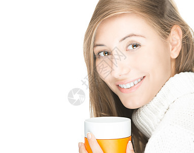 白人背景的有脸色的年轻美女女孩享受活力早餐头发快乐女性咖啡饮料女士图片
