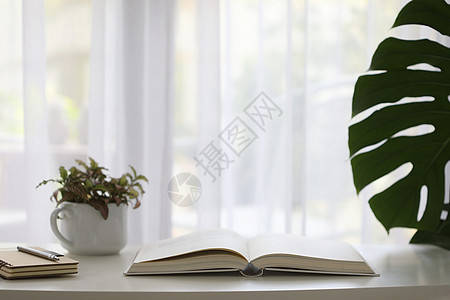 室内装饰桌 有白色笔记本和用窗帘看透的植物锅图片
