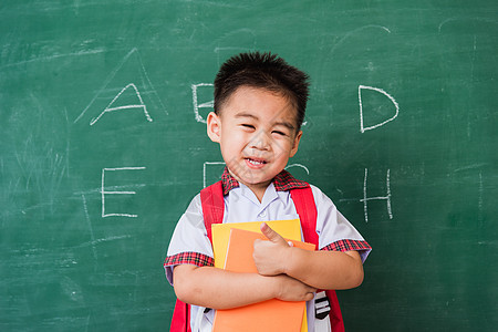 身着校服 有书包和Bob学生制服的幼童幼儿园微笑手指课堂绿色学校男生瞳孔童年教育学习图片