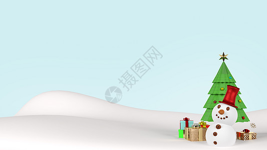 雪人和圣诞树 供假日内容3D翻接之用卡片雪花问候语墙纸框架横幅季节艺术3d渲染图片