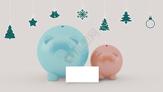 两家不同的小猪银行 有圣诞节装饰品假期金融钱盒展示硬币财富商业购物小猪货币图片