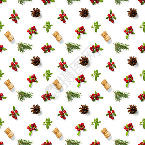 圣诞节无缝模式 有松果葡萄酒 软木和林贡莓 在白色背景上没有周期性圣诞 现实的图片拼贴针叶植物假期锥体打印庆典松树织物墙纸松果图片