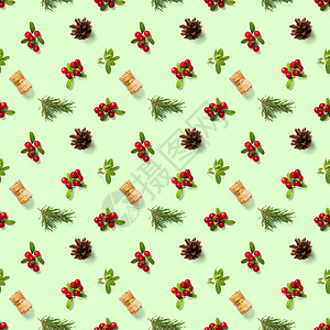 圣诞节无缝模式 有松果葡萄酒软木和林贡莓 在绿色背景下 圣诞时无缝 现实的图片拼贴锥体季节墙纸云杉松树装饰品植物松果图案庆典图片
