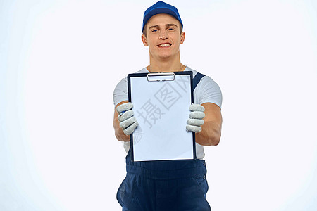 身穿制服文件递送服务送件员的工作人运输套装盒子商业货物工作室蓝色邮政重量商务图片