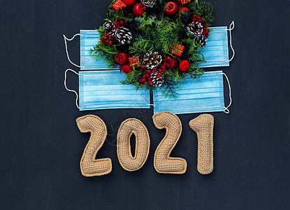 2021年新年的冠状病毒编织编号 医疗面具2021复古乡村桌面木材面膜风格季节性季节圣诞饰品图片