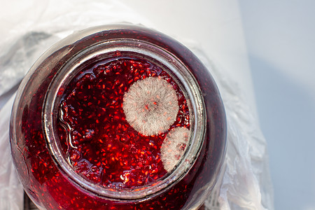 装在一罐草莓果酱里 对健康有害玻璃霉菌生活中毒衰变病菌宏观真菌模具孢子图片