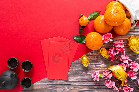 中华新年 中国茶壶和野马红包筷子礼物节日文化信封金子财富橙子奉献月球图片