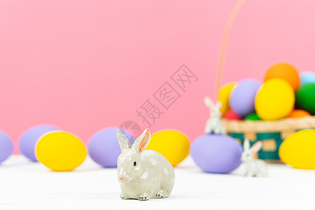 复活节日小兔子 小兔子和装饰鸡蛋打猎天空宠物季节紫色朋友假期友谊派对传统图片