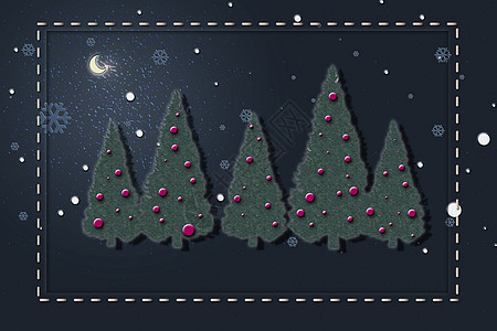 深蓝背景的圣诞快乐卡片边界传统松树问候语装饰品季节庆典假期海报明信片图片