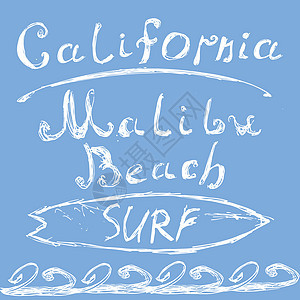 手画了加利福尼亚州马里布海滩冲浪标志 T恤衫印刷设计 打字图刻板矢量插图SKING海浪字体徽章草图横幅支撑马里布纺织品衬衫海岸背景图片