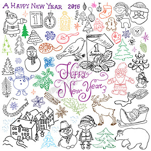 新年快乐插图手绘素描设计的新年快乐 2016 涂鸦与刻字集 圣诞树雪花 雪人 精灵 鹿 圣诞老人和节日元素 矢量插图隔离绘画新年字母灯笼涂鸦背景