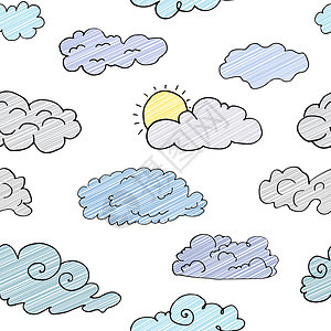 手工绘制了由不同云 草图组成的多面纸 收集在白色上孤立的矢量插图风暴涂鸦蒸汽太阳收藏天气气泡天空预报网络图片