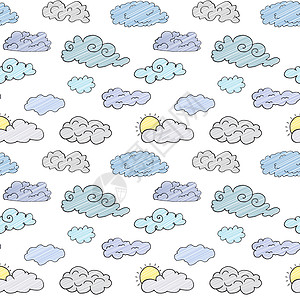 手工绘制了由不同云 草图组成的多面纸 收集在白色上孤立的矢量插图蓝色涂鸦艺术绘画天气气候收藏预报墨水蜡笔图片